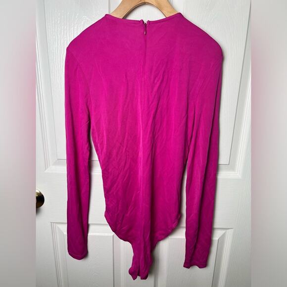 Farm Rio Pink Long Sleeve Knot Twist Key Hole Neck Zip Up Bodysuit M - Picture 6 of 8